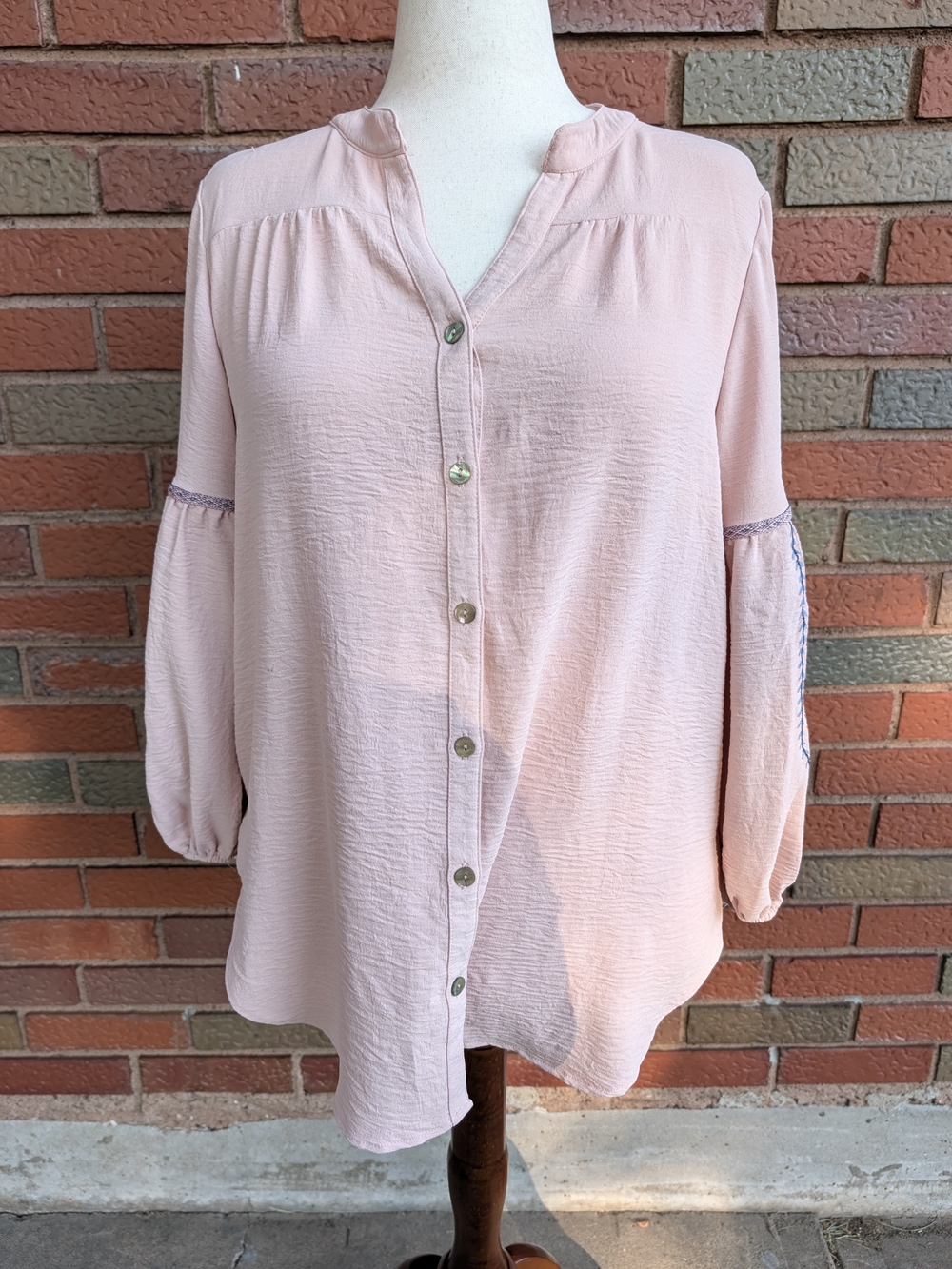 fig and flower Blush Pink Button-Down Peasant Top